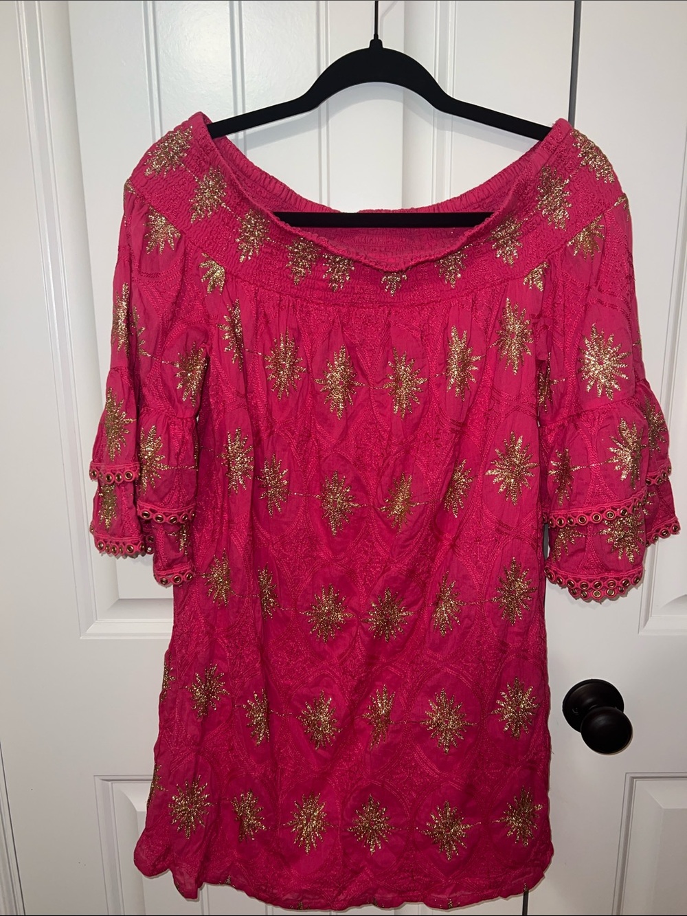Boston Proper Off-Shoulder Fuchsia Dress with Gold Embroidery size XS - Picture 6 of 10